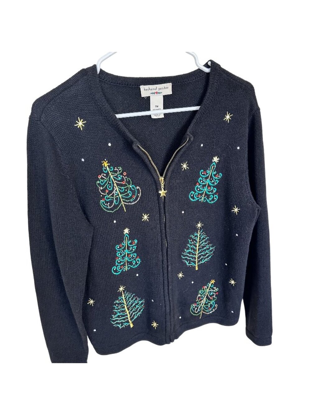Bechamel Petites Womens Holiday Sweater Cardigan PM Black Christmas Tree Zip Up